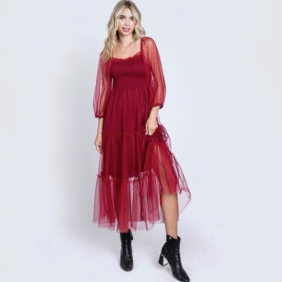 HOLIDAY BALLERINA WINE RED MESH LONG SLEEVE MIDI DRESS - Picture 7 of 9